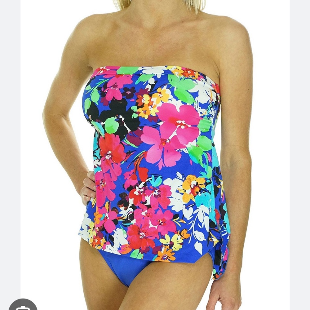 Swim Solutions 1-Piece Strapless Bathing Suit Multicolor Floral Flattering 24W
